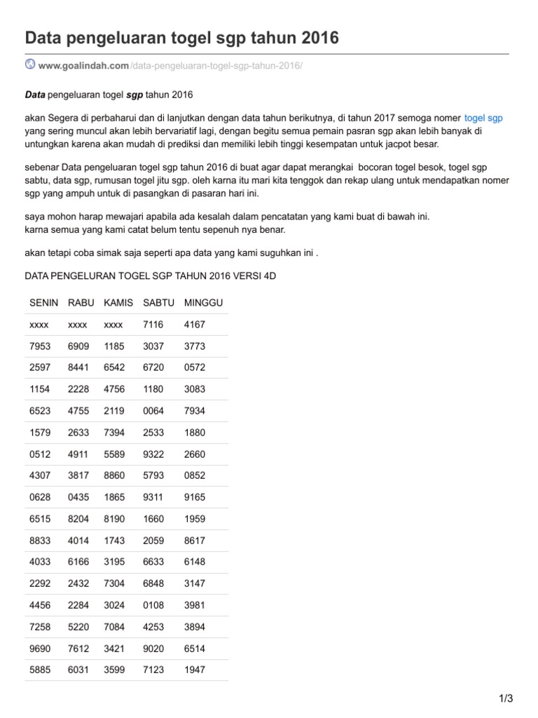 Data Pengeluaran Sgp Tahun 2016 Sampai 2020 Nomer Togel Harian