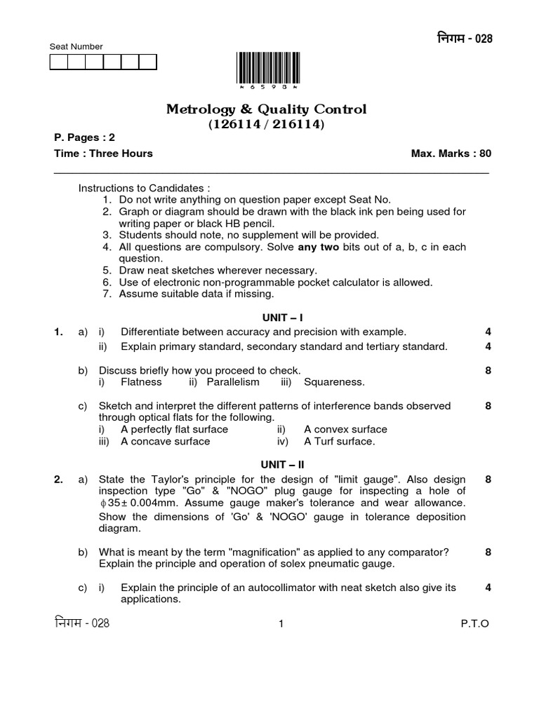 Metrology and Quality Control Exam Guide | PDF | Engineering Tolerance ...