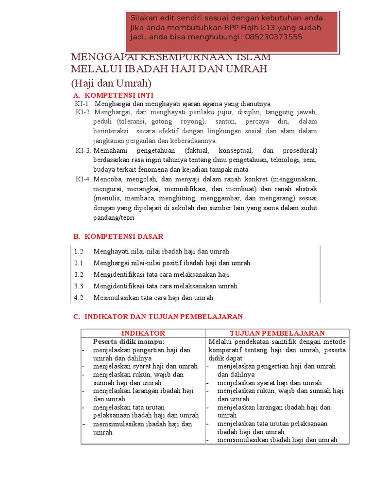RPP Fiqih MTs Bab Haji k13