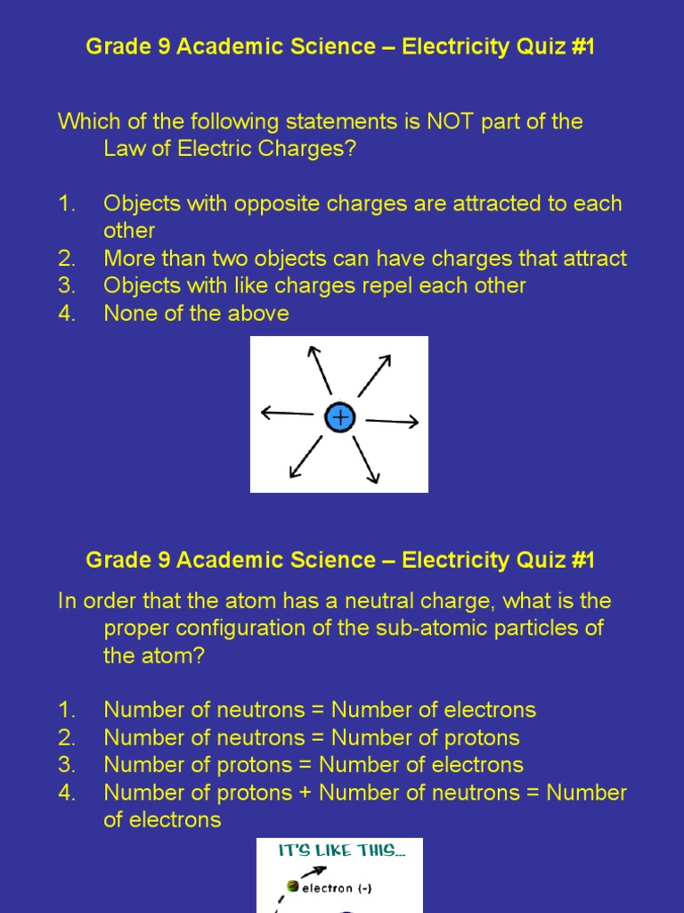 Grade 9 Electricity Quiz Questions | PDF | Electric Charge | Electron