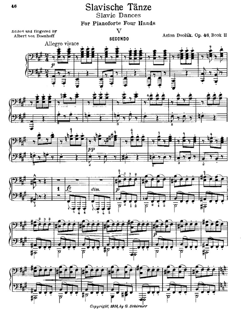 Antonin Dvorak Danses Slaves Op 46 Piano 4 Mains N 5 En La Majeur Piano Compositions Pour Piano