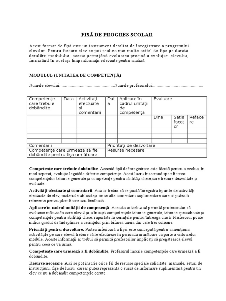 Fisa Progres Scolar Model De Completat