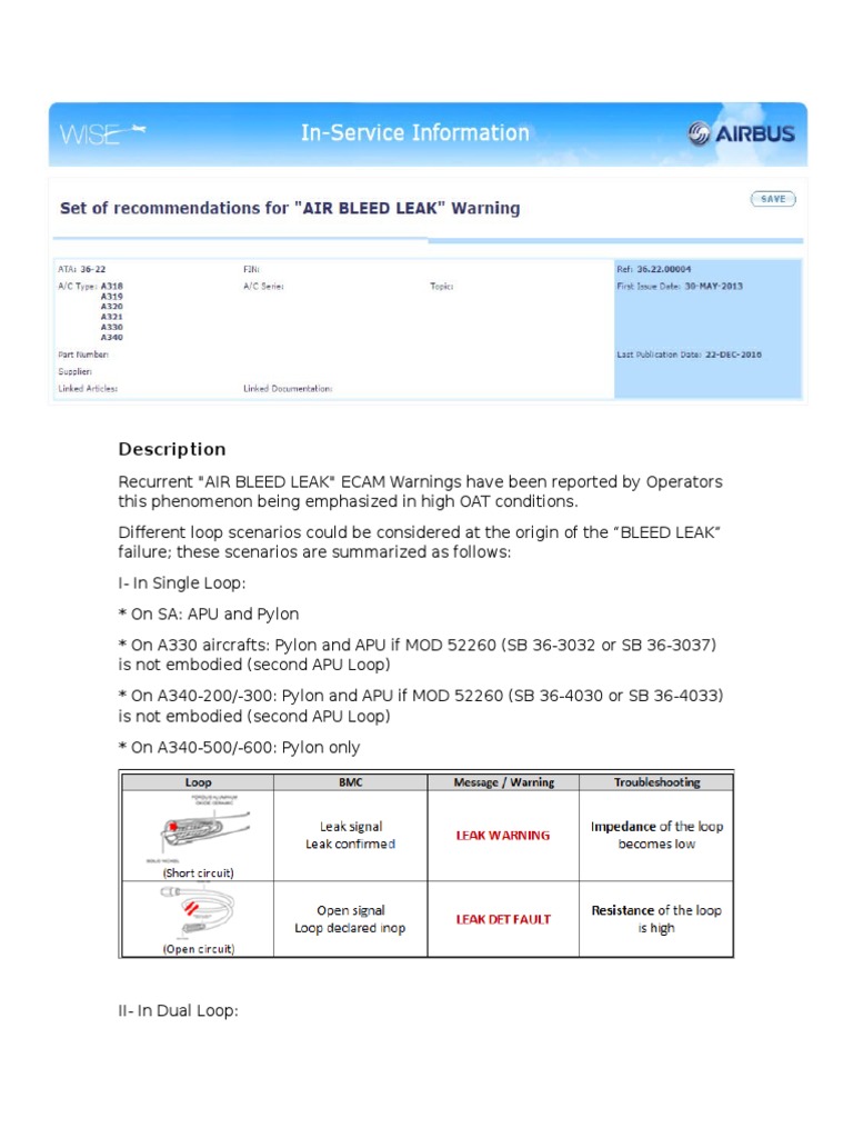 Set of for AIR BLEED LEAK Warning Aerospace