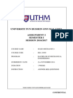 UTHM Solid Mechanics Assignment on Beam Bending and Torsion Stress