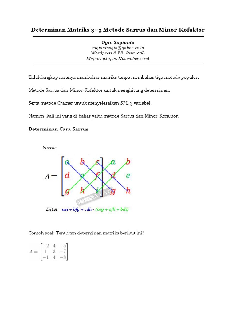 Determinan Matriks 3x3 Metode Sarrus Dan Minor Kofaktor