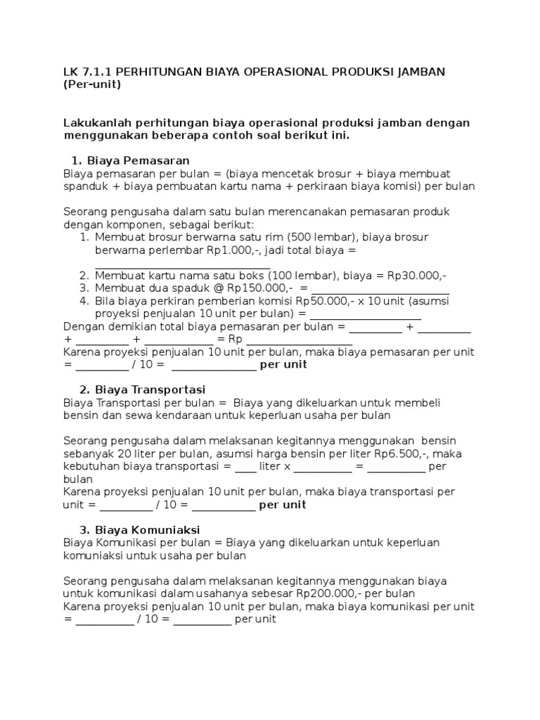 Contoh Perhitungan Biaya Operasional | PDF | Pengelolaan Keuangan & Uang