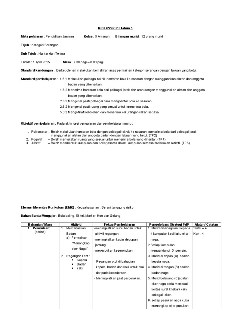 Rph Pj Tahun 4 Penulisan rancangan pengajaran harian kementerian