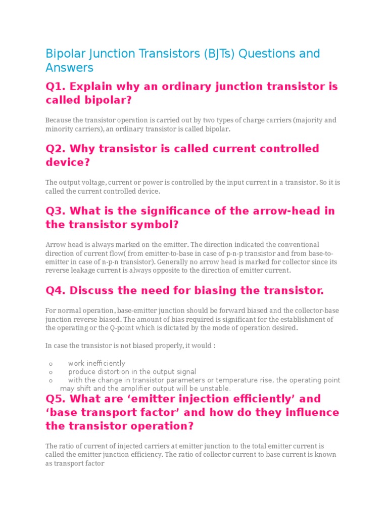 Bipolar Junction Transistors (BJTS) Questions and Answers PDF Bipolar Junction Transistor