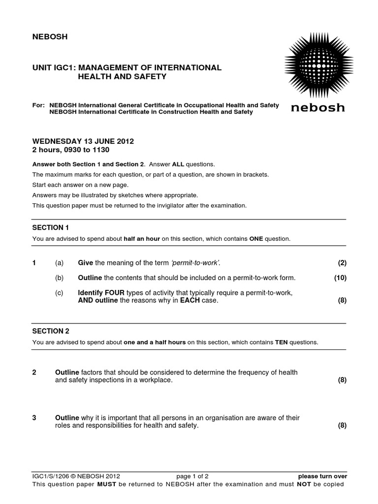 NEBOSH IGC1 Past Exam Paper June 2012 Occupational Safety And Health Test (Assessment)