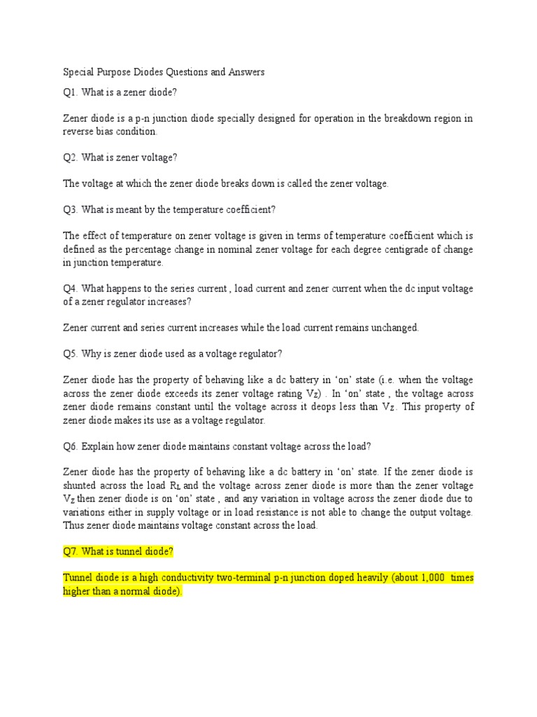 Special Purpose Diodes Questions and Answers PDF Diode PN Junction