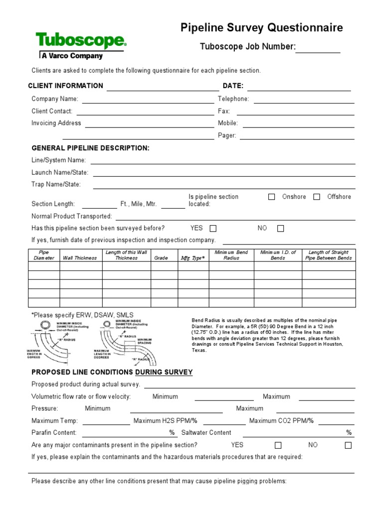 Pipeline Survey Questionnaire Tuboscope Job Number PDF Pipeline
