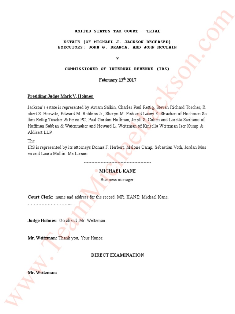 Michael Kane. Transcripts. Michael Jackson Exe. Branca V IRS | PDF ...