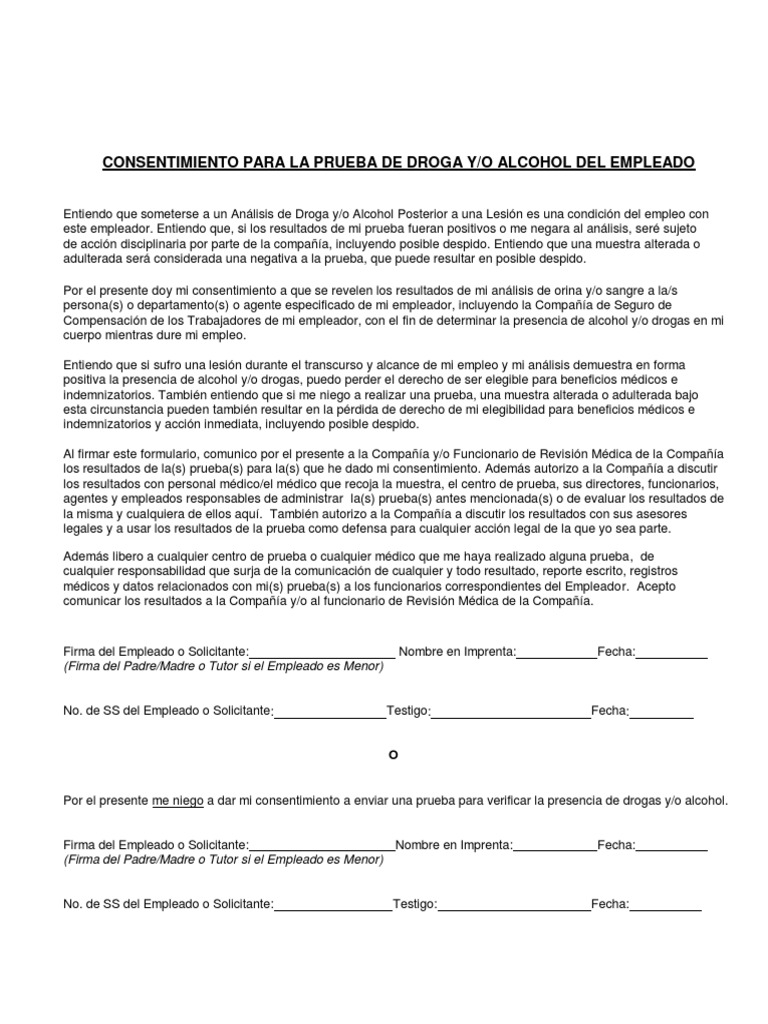 Consentimiento Para Prueba de Alcohol y Drogas Bienestar Violencia