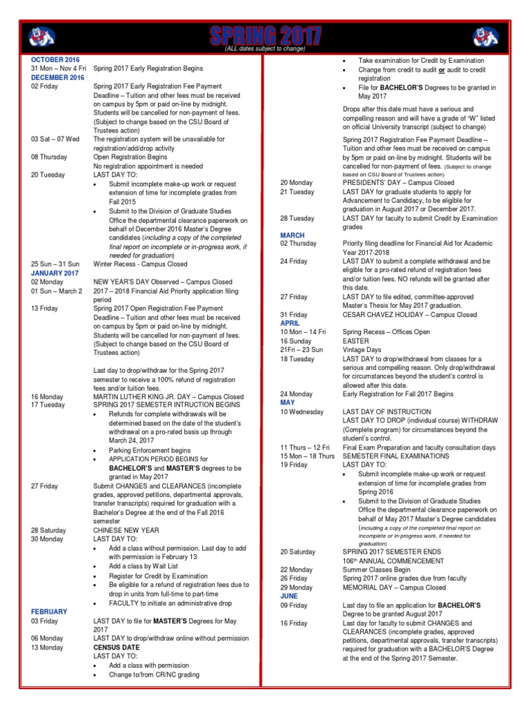 Spring Calendar 2017 | PDF | Academic Term | Graduate School