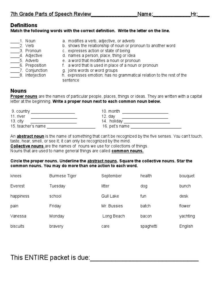 11th Grade Parts of Speech Review Packet  Noun  Part Of Speech Intended For Parts Of Speech Review Worksheet