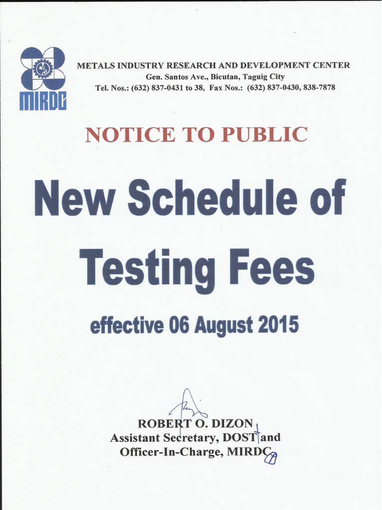 DOSTMIRDC Schedule Testing Fees (2015) PDF