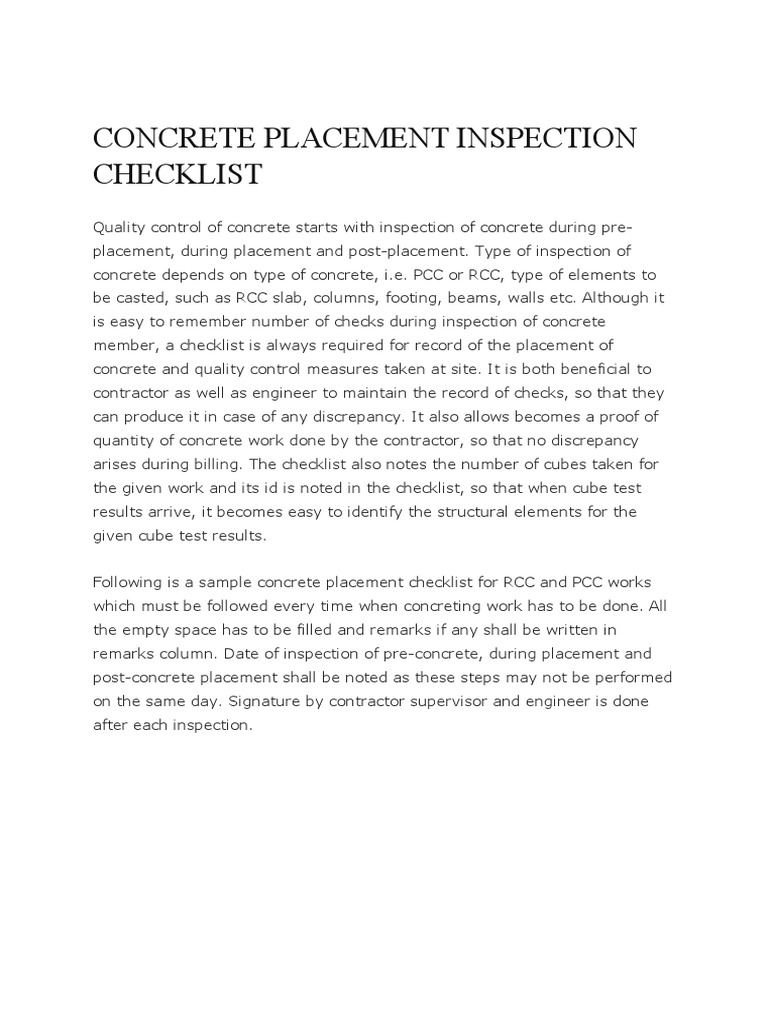 Concrete Placement Inspection Checklist.pdf Concrete Building Engineering