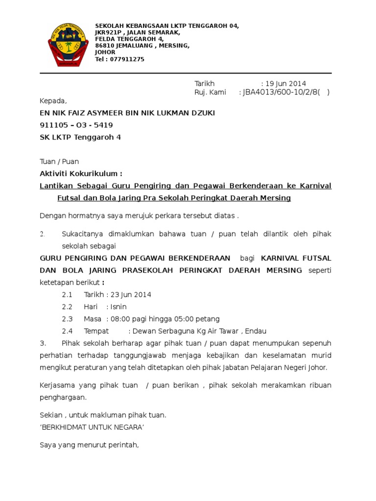 Contoh Surat Lantikan Guru Pengiring