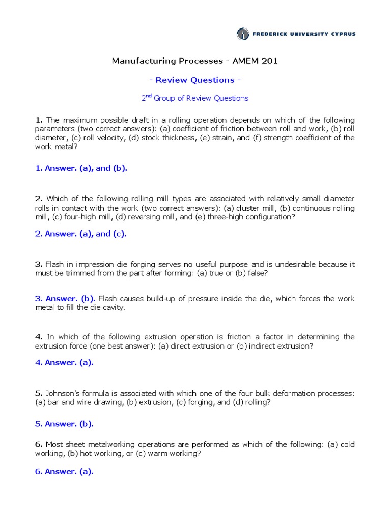 Manufacturing Processes Review Questions | PDF