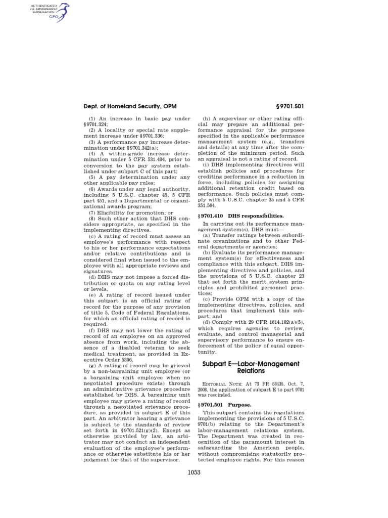 Dept. of Homeland Security, OPM 9701.501 9701.410 DHS Responsibilities