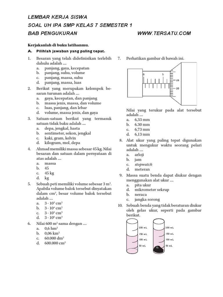 Soal Uh Ipa Kelas 7 Semester 1 Bab Pengukuranpdf