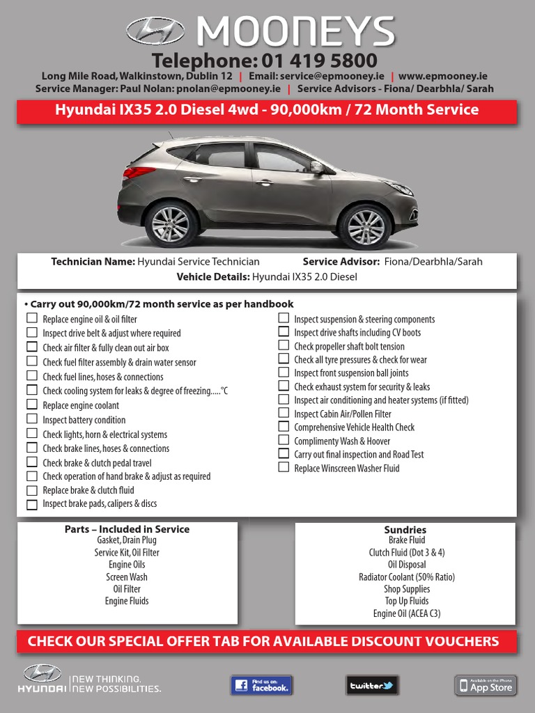 Telephone 01 419 5800 Hyundai Ix35 2 0 Diesel 4wd 90 000km 72 Month Service Vehicle Parts Vehicle Technology