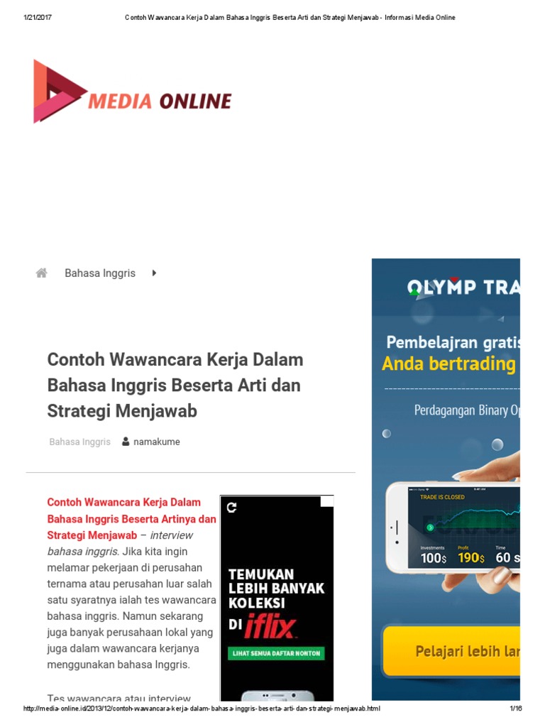 Contoh Wawancara Kerja Dalam Bahasa Inggris Beserta Arti Dan