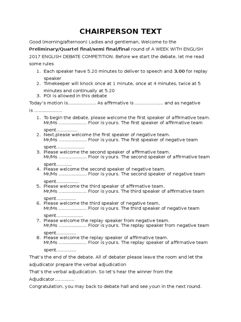 Chairperson Script for Debate Event | PDF