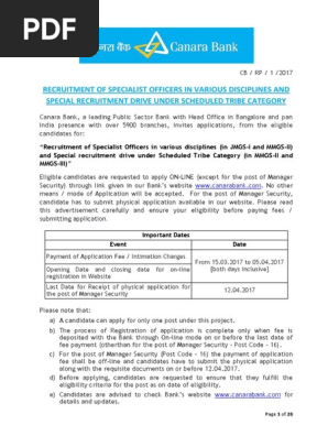 Canara Bank SO Notification 2017 - Apply Here! | PDF