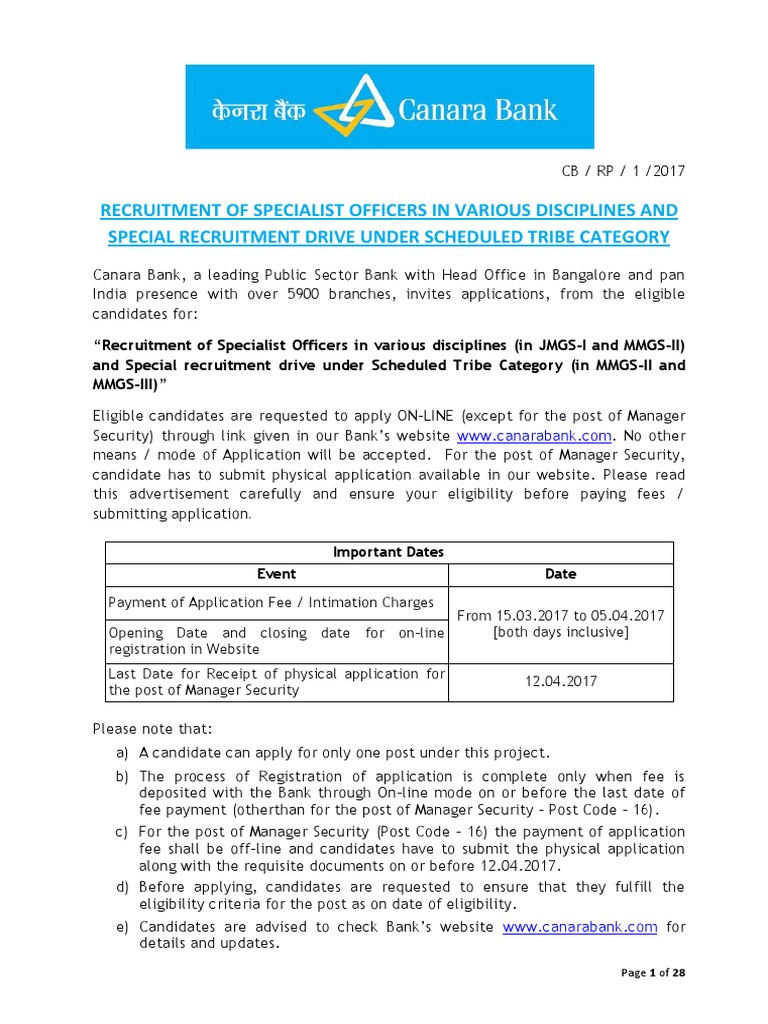 Canara Bank SO Notification 2017 - Apply Here! | PDF