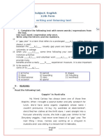 Reading, Writing and Listening Test: Subject: English 11th Form