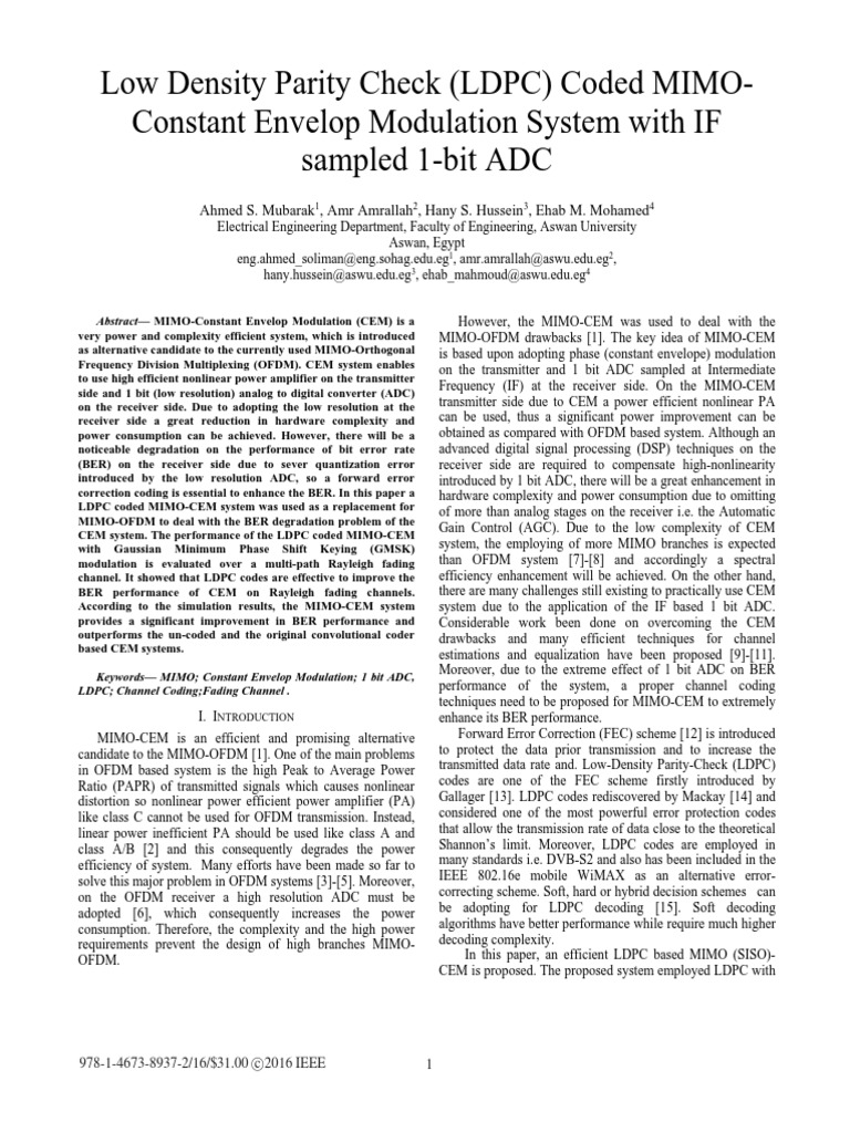 LDPC Coded MIMO-CEM System Analysis | PDF | Low Density Parity Check ...