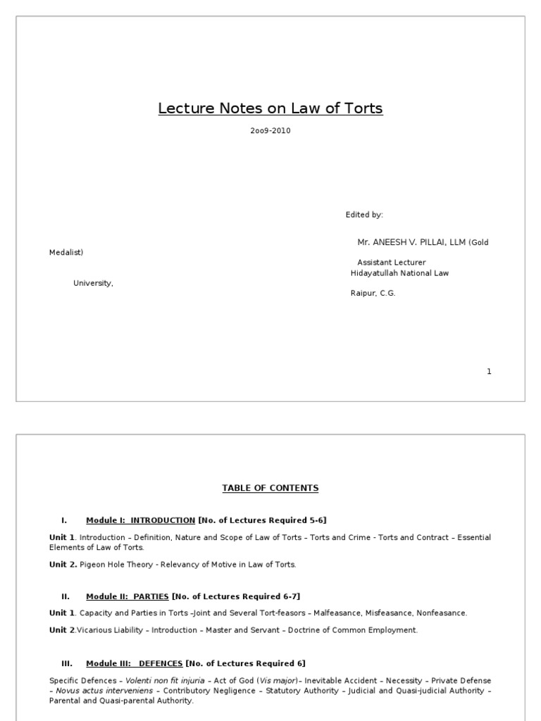 Overview of Law of Torts | PDF | Tort | Joint And Several Liability