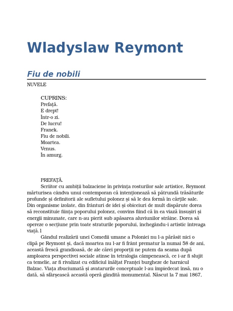 Wladyslaw Reymont Fiu De Nobili 1 0 10