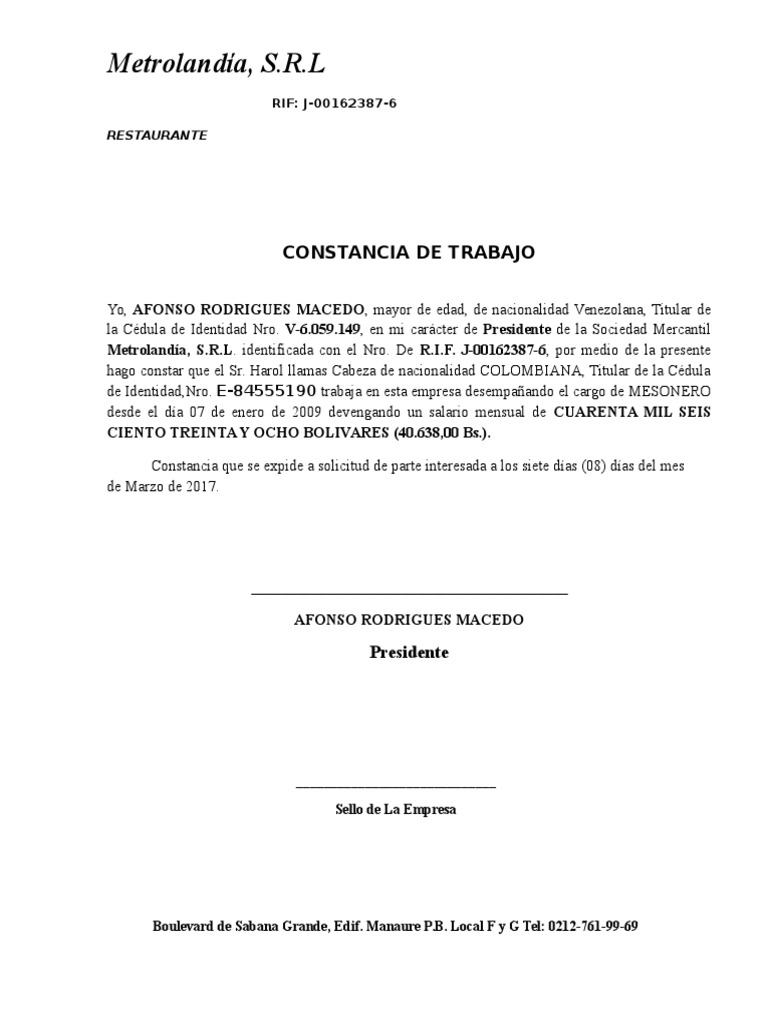 Constancia de Trabajo
