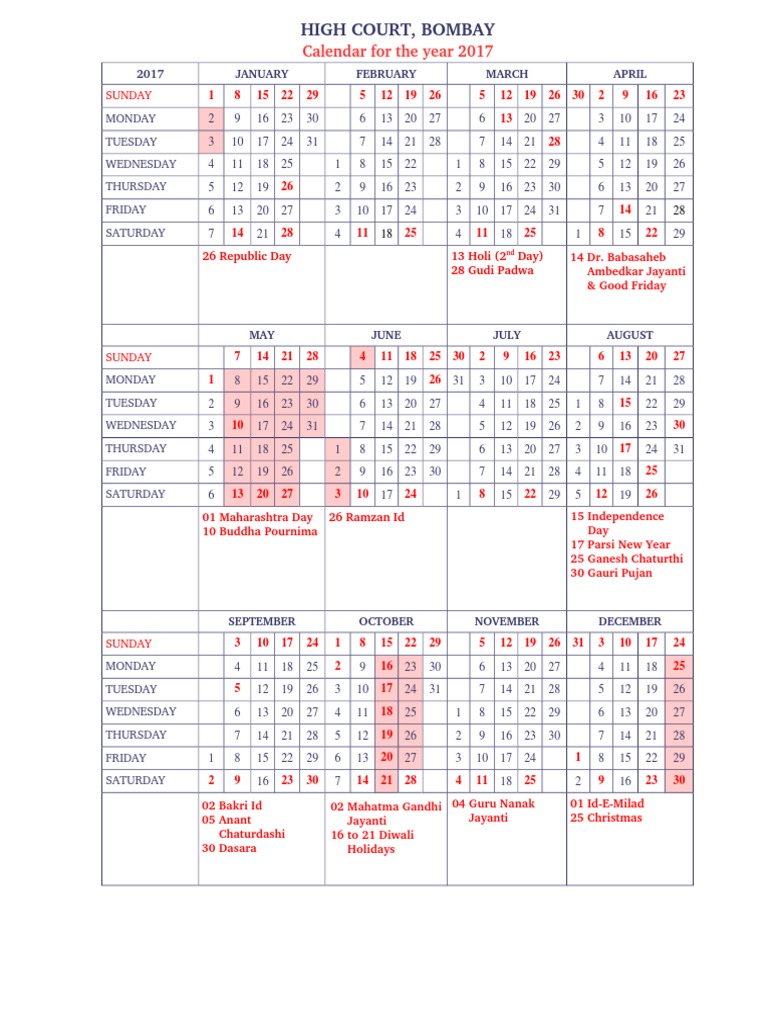 Bombay High Court Calendar, 2017 | PDF | Holidays | Traditions