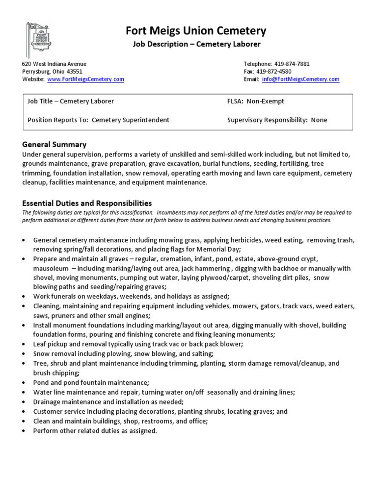Job Description Cemetery Laborer Cemetery Lawn