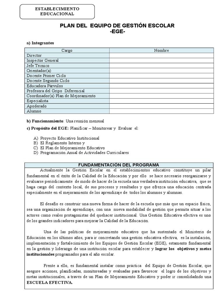 Plan Del Equipo de Gestión Escolar | PDF | Plan de estudios | Aprendizaje