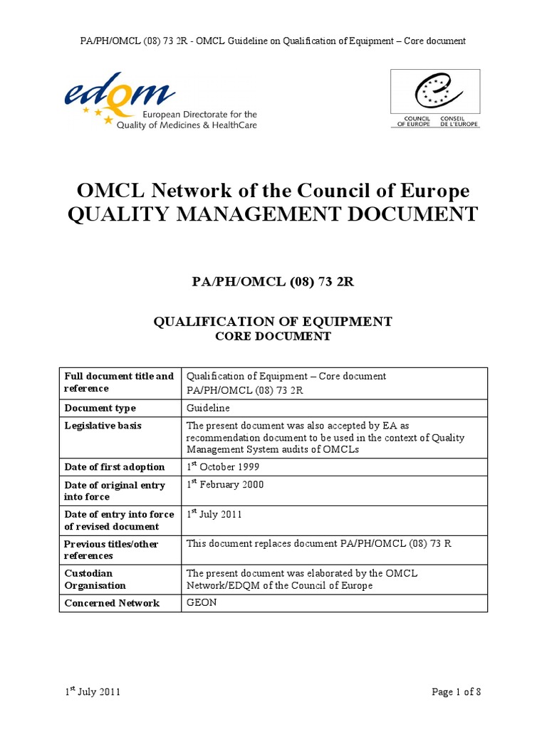 Qualification of Equipment Core Document Verification And Validation