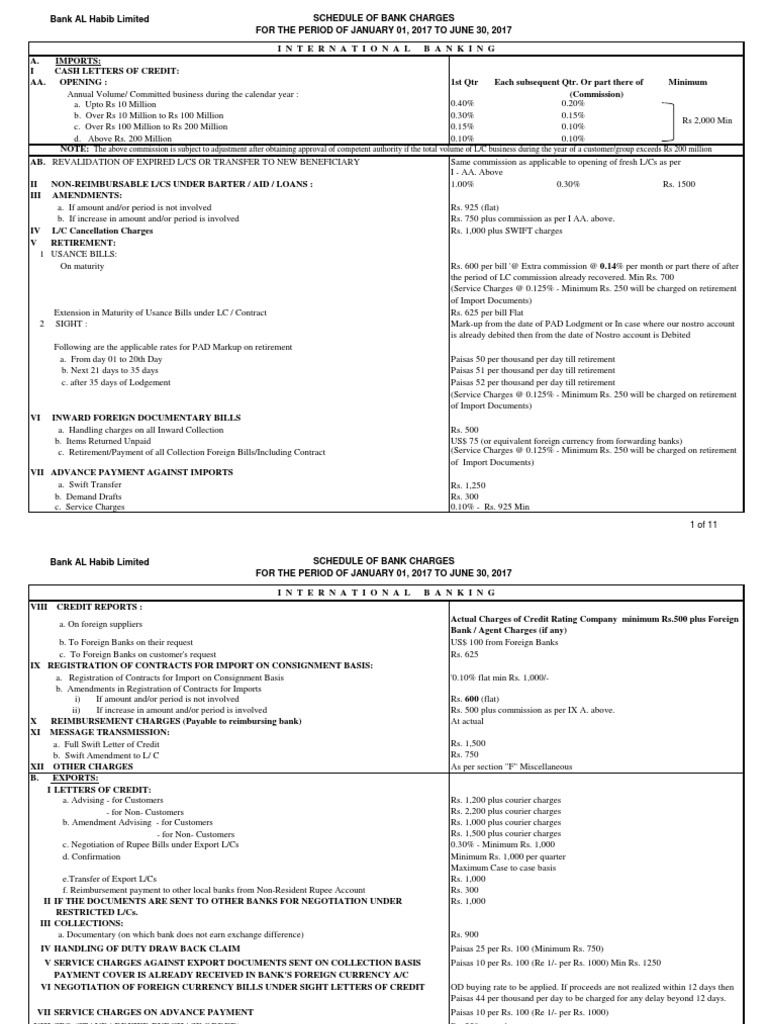Schedule Of Bank Charges Bank Al Habib Cheque Financial Transaction - 