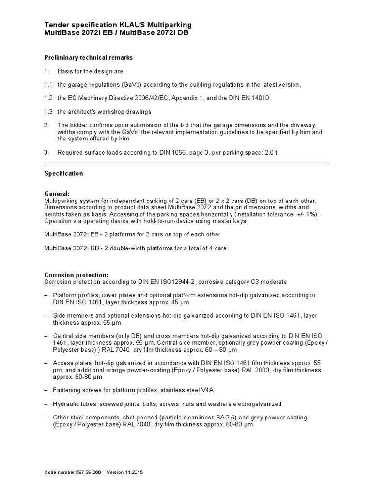 Tender Specification Klaus Multiparking Multibase 2072I Eb / Multibase