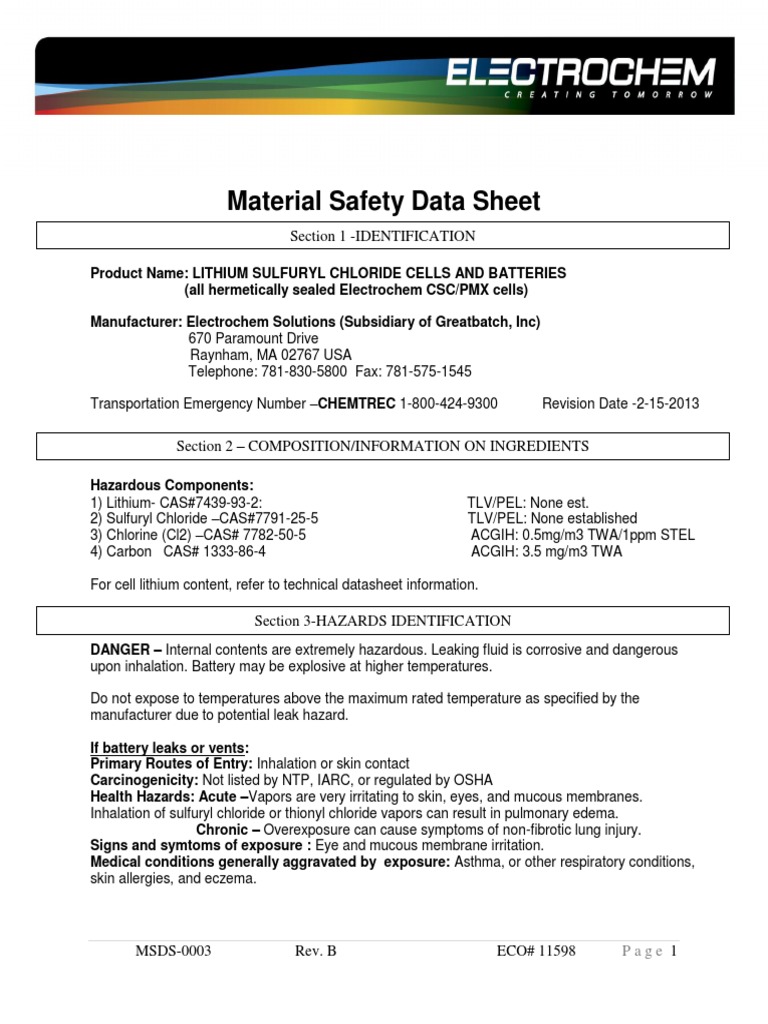 PLT Lithium Sulfuryl Chloride Cells and Batteries MSDSCSC PMX