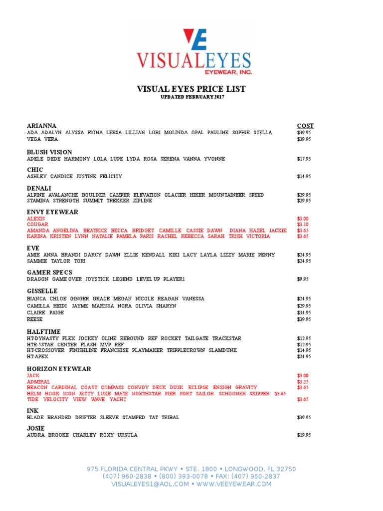 Visual Eyes Eyewear Price List | PDF