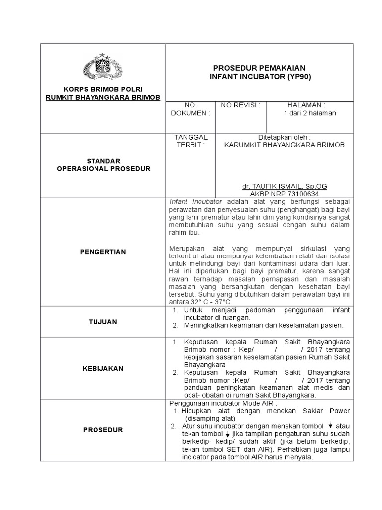 Sop Prosedur Infant Incubator PDF