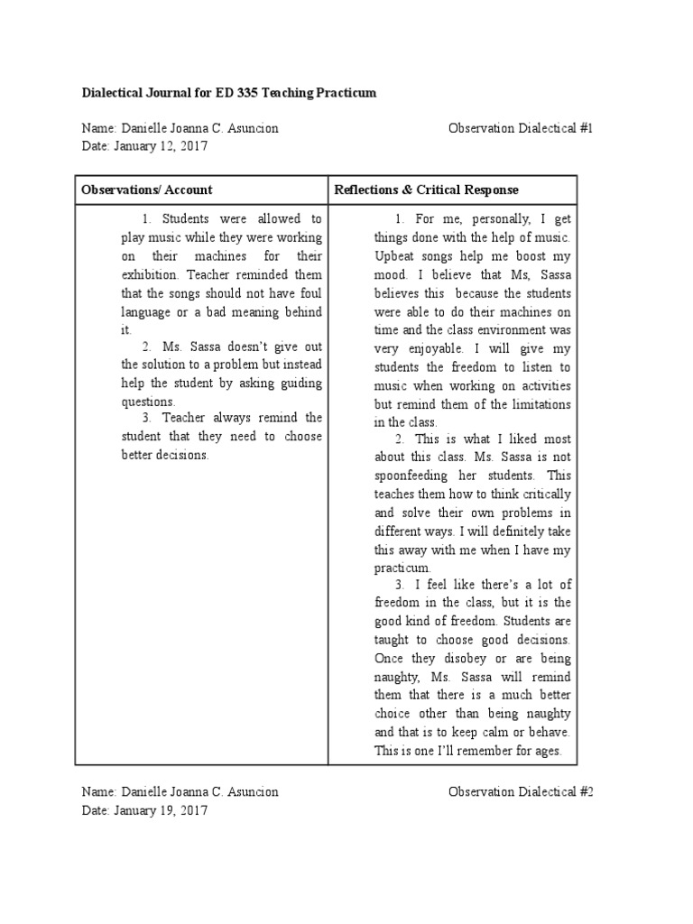 Dialectical Journal For ED 335 Teaching Practicum | PDF | Teaching And ...