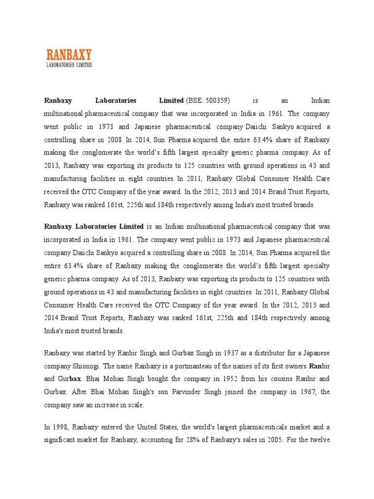 Ranbaxy Laboratories Limited PDF Healthcare Industry Pharmacy