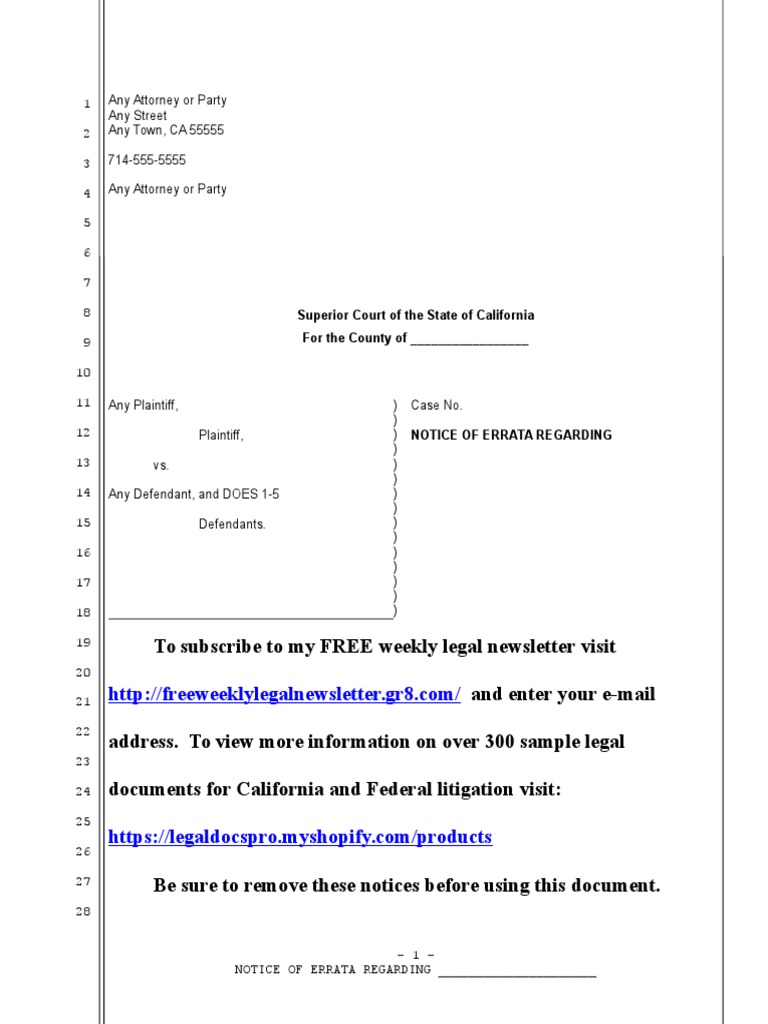 California Notice of Errata Template | PDF | Mail | United States ...