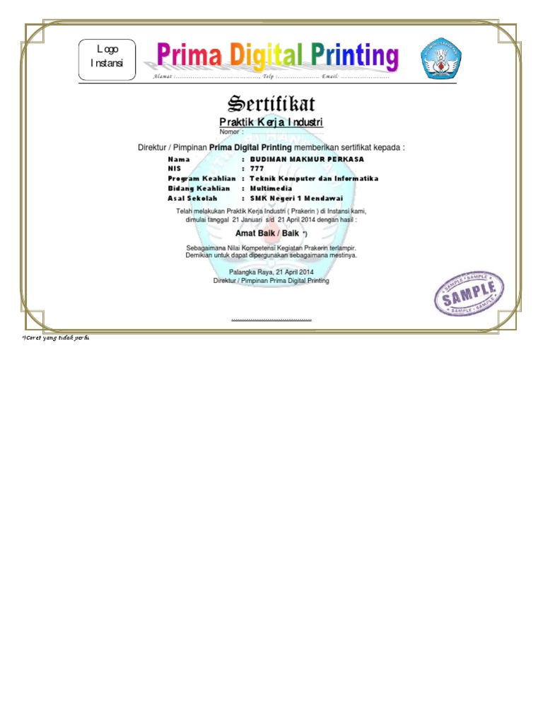 Contoh Sertifikat Prakerin  Multimedia 1 pdf