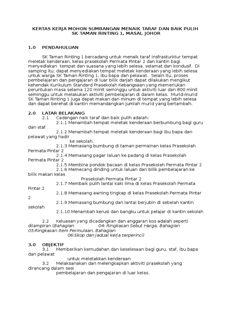 Kertas Kerja Mohon Sumbangan Menaik Taraf Infrastruktur Prasekolah Pdf