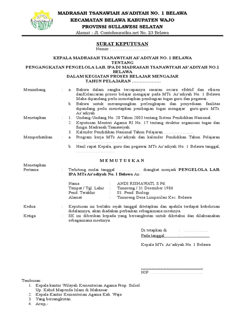 11 Contoh SK Pengangkatan Sebagai Kepala Lab. IPA Format 